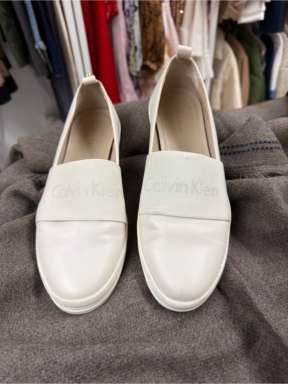 🍀3/$30 Calvin Klein Cream Slip-On Sneakers with Elastic Band